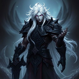 A male Shadar-Kai Hexblade Warlock character, showcasing a strong and masculine figure with pale skin and striking white hair that flows like a silken river