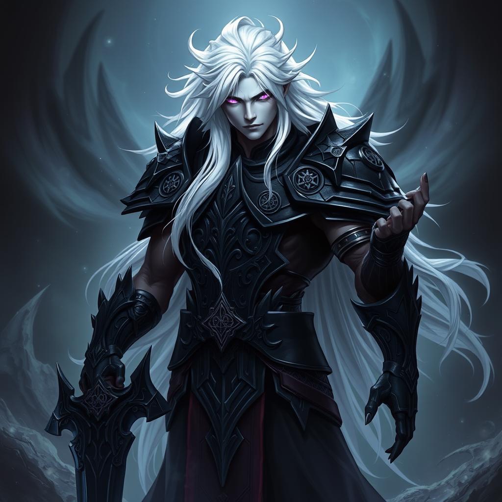 A male Shadar-Kai Hexblade Warlock character, showcasing a strong and masculine figure with pale skin and striking white hair that flows like a silken river