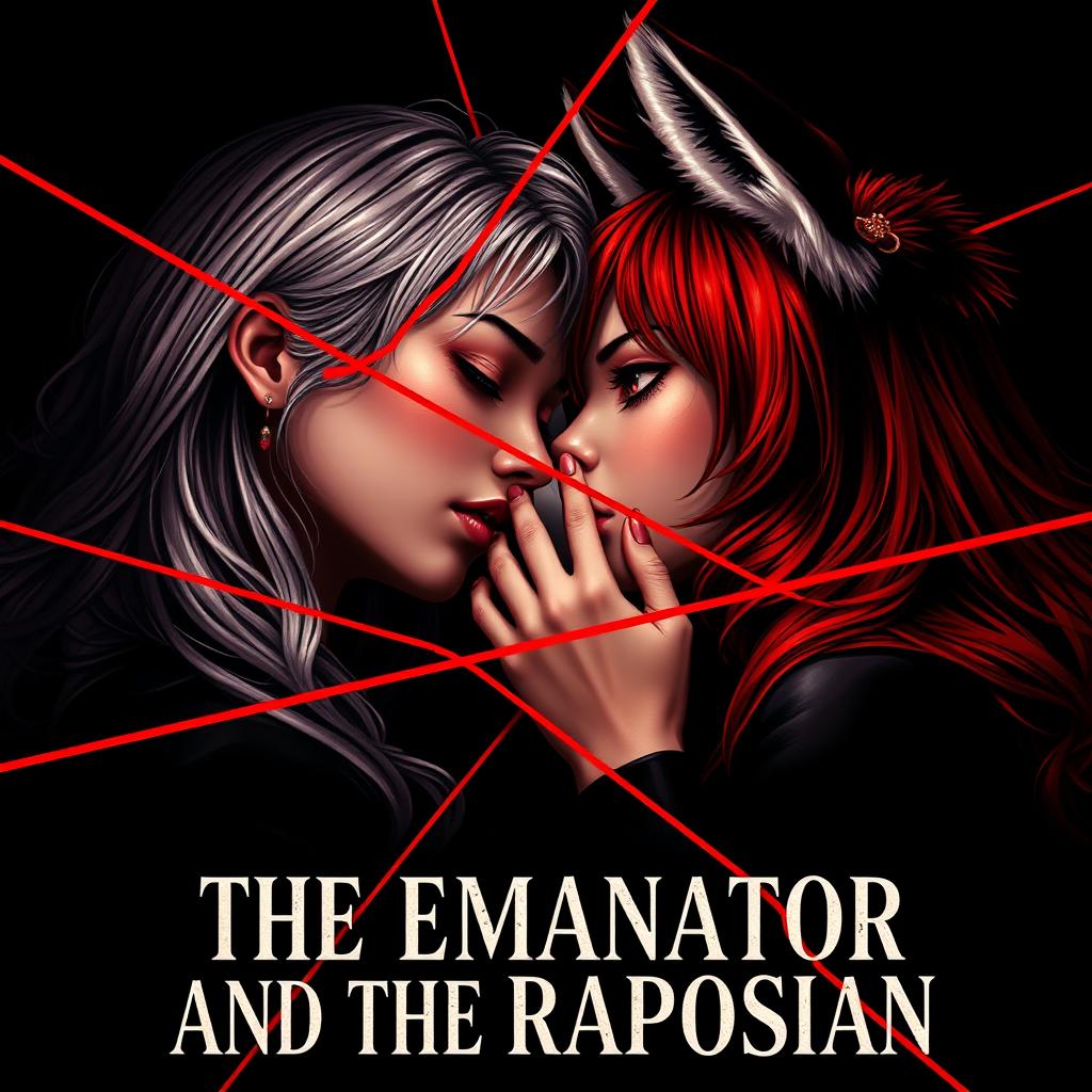 A dramatic book cover design for 'The Emanator and the Raposian', featuring an intense aesthetic dominated by red, black, and white tones