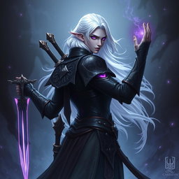 A male Shadar-Kai Hexblade Warlock, emanating a strong and masculine presence with striking white hair that flows elegantly down his back