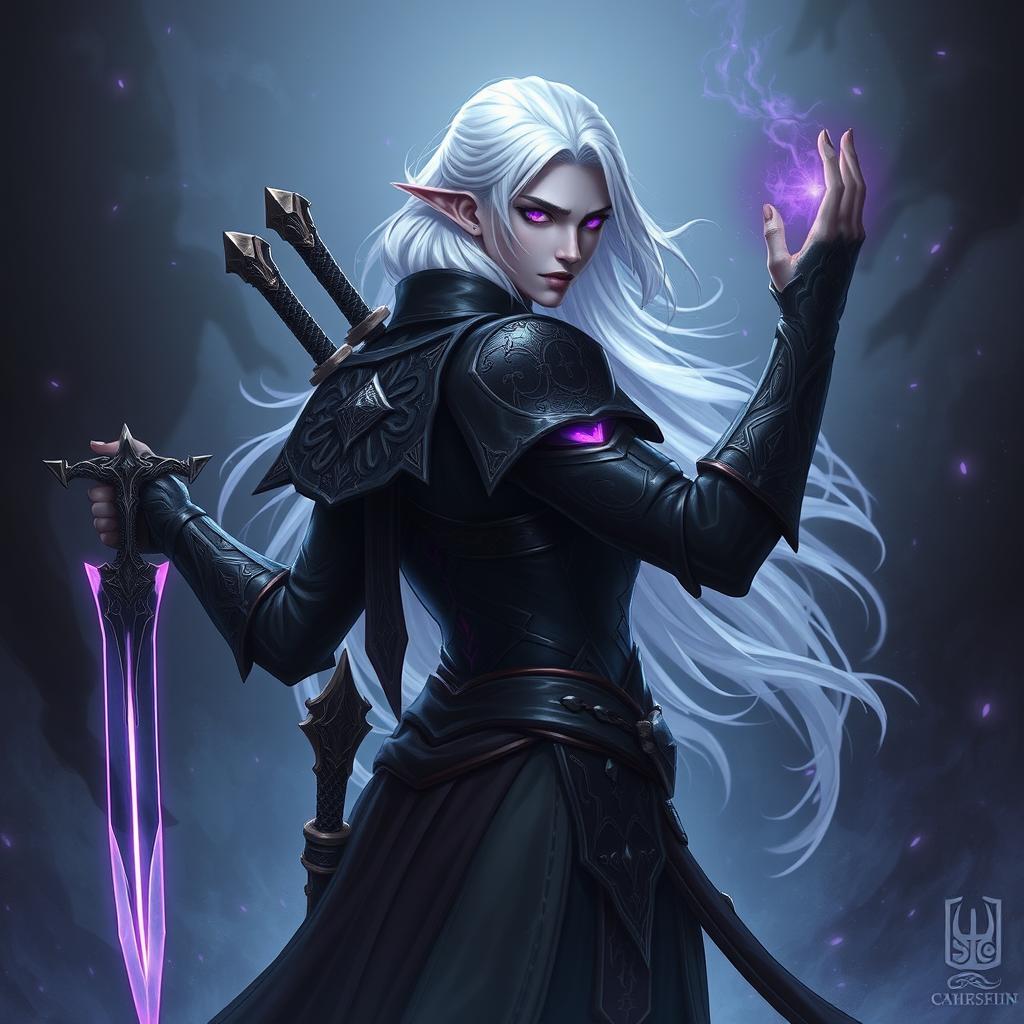 A male Shadar-Kai Hexblade Warlock, emanating a strong and masculine presence with striking white hair that flows elegantly down his back