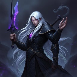 A male Shadar-Kai Hexblade Warlock, emanating a strong and masculine presence with striking white hair that flows elegantly down his back