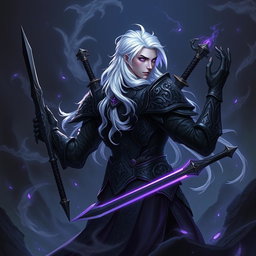 A male Shadar-Kai Hexblade Warlock, emanating a strong and masculine presence with striking white hair that flows elegantly down his back