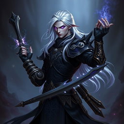 A male Shadar-Kai Hexblade Warlock, emanating a strong and masculine presence with striking white hair that flows elegantly down his back