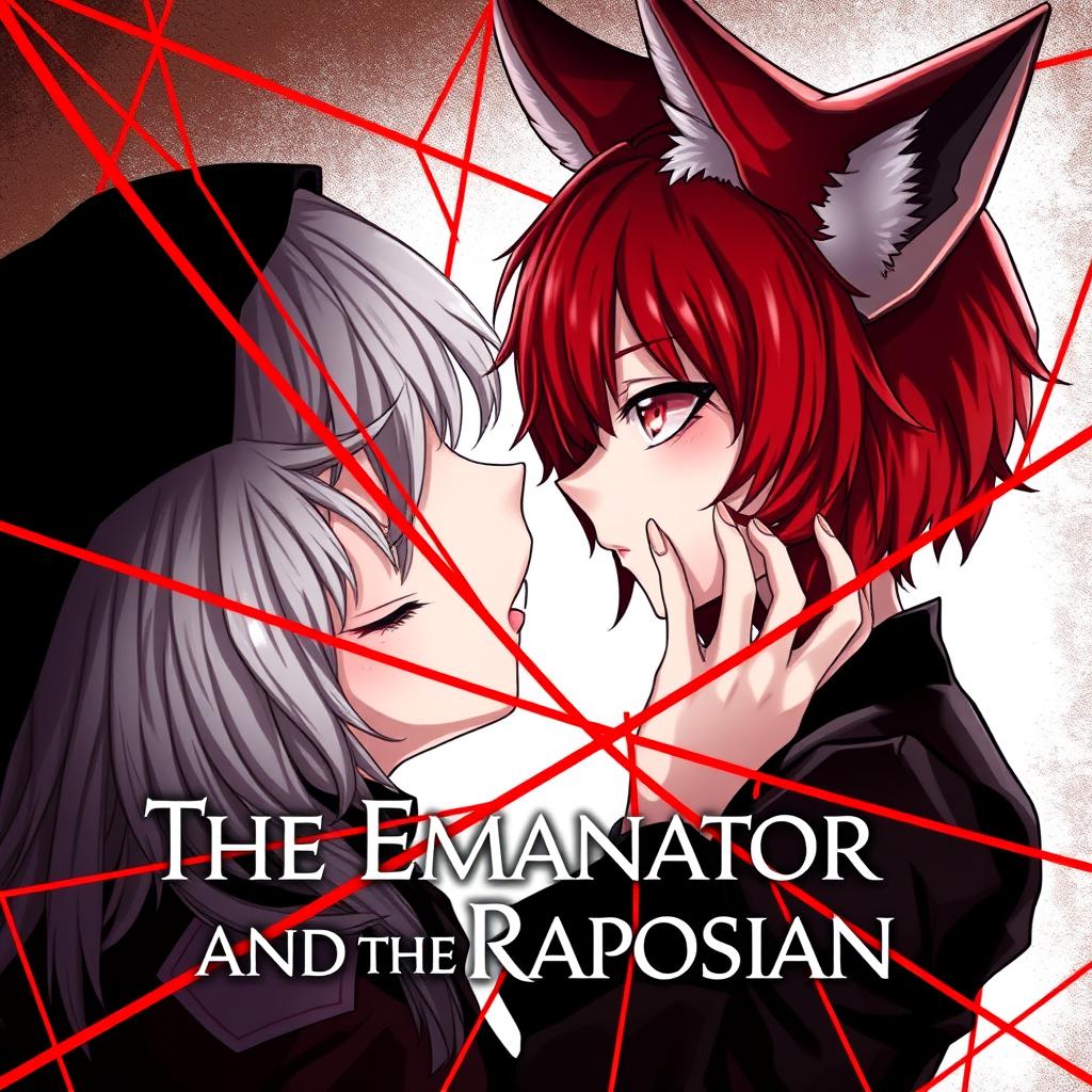 An anime-style book cover design for 'The Emanator and the Raposian', featuring an intense and dramatic aesthetic dominated by red, black, and white tones