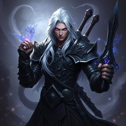 A male Shadar-Kai Hexblade Warlock, showcasing a strong and masculine figure with striking white hair that cascades elegantly over his shoulders