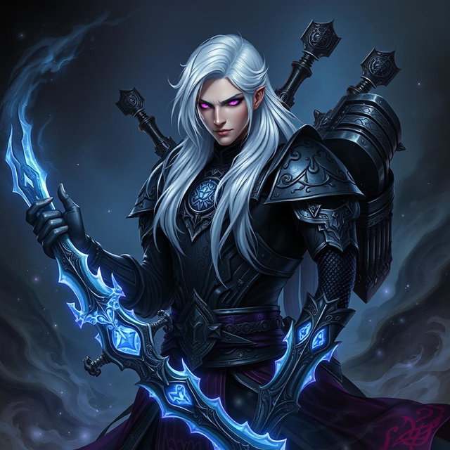 A male Shadar-Kai Hexblade Warlock, showcasing a strong and masculine figure with striking white hair that cascades elegantly over his shoulders