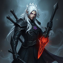 A male Shadar-Kai Hexblade Warlock, showcasing a strong and masculine figure with striking white hair that cascades elegantly over his shoulders