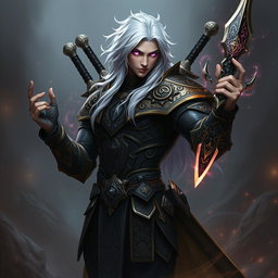A male Shadar-Kai Hexblade Warlock, showcasing a strong and masculine figure with striking white hair that cascades elegantly over his shoulders