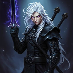 A male Shadar-Kai Hexblade Warlock exuding a strong and masculine presence, featuring striking white hair that flows elegantly