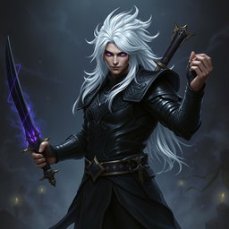 A male Shadar-Kai Hexblade Warlock exuding a strong and masculine presence, featuring striking white hair that flows elegantly
