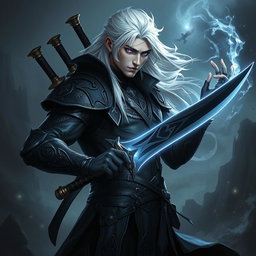 A male Shadar-Kai Hexblade Warlock exuding a strong and masculine presence, featuring striking white hair that flows elegantly