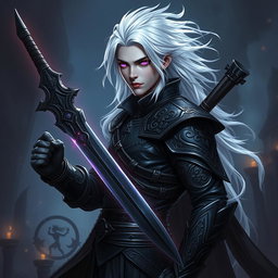 A male Shadar-Kai Hexblade Warlock exuding a strong and masculine presence, featuring striking white hair that flows elegantly
