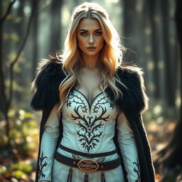 A stunning blond Russian woman wearing a druid-inspired outfit that combines elements of a white stag with elegant white leather