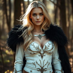 A stunning blond Russian woman wearing a druid-inspired outfit that combines elements of a white stag with elegant white leather