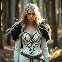 A stunning blond Russian woman wearing a druid-inspired outfit that combines elements of a white stag with elegant white leather