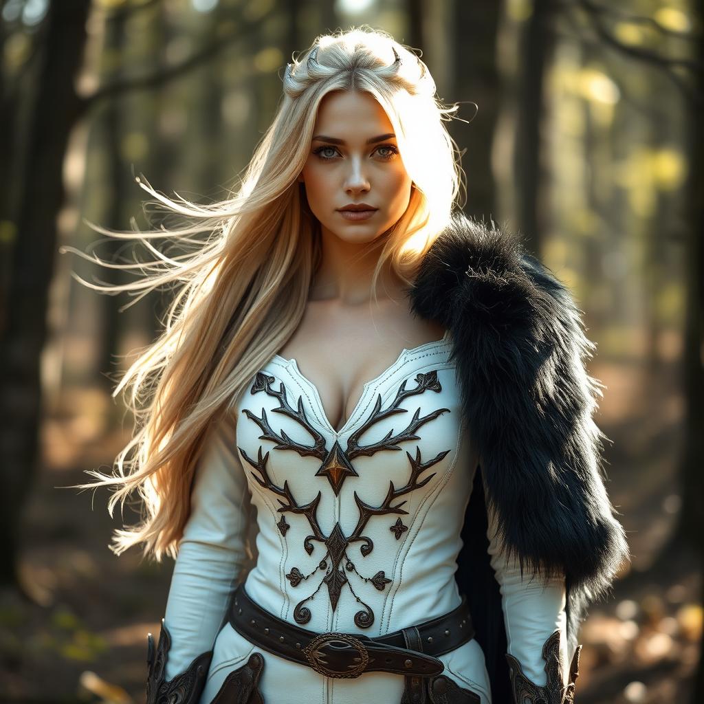 A stunning blond Russian woman wearing a druid-inspired outfit that combines elements of a white stag with elegant white leather