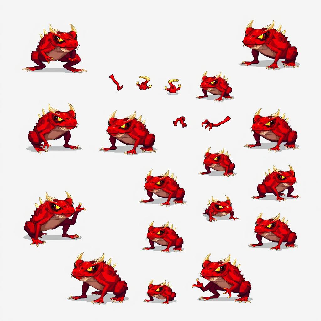 A pixel art sprite sheet of a red demonic frog with sharp fangs and spiky bones protruding from its body, showcasing 16 distinct movement animations