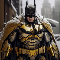 A cinematic and dramatically lit photograph of a handsome, gold-plated Batman in a detailed mecha suit standing imposingly in serene, falling snow.