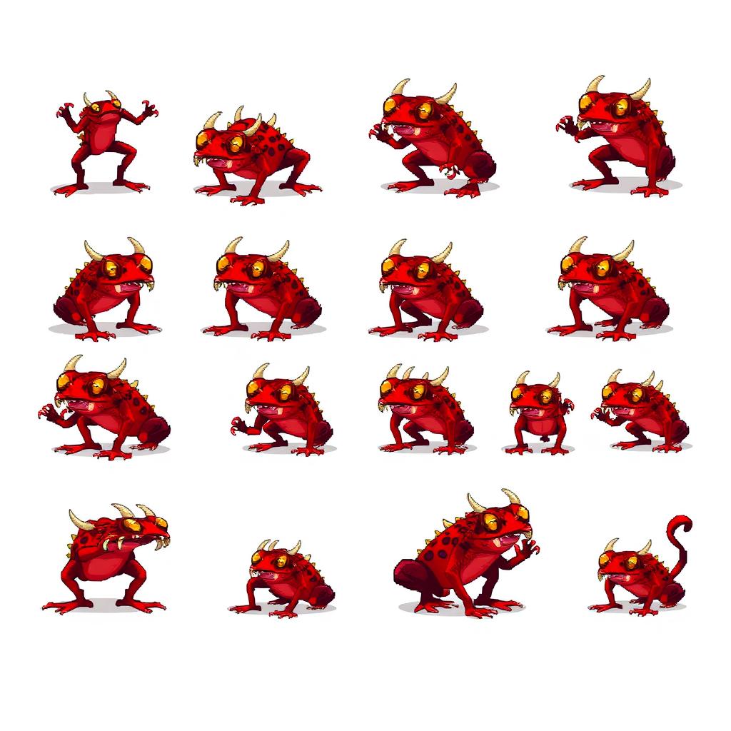 A pixel art sprite sheet of a red demonic frog featuring sharp fangs and spiky bones protruding from its body, consisting of 16 distinct poses of movement