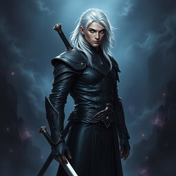 A male Shadar-Kai Hexblade Warlock, exuding a strong and masculine presence with striking white hair that elegantly cascades down his back