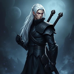 A male Shadar-Kai Hexblade Warlock, exuding a strong and masculine presence with striking white hair that elegantly cascades down his back