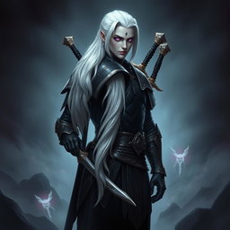 A male Shadar-Kai Hexblade Warlock, exuding a strong and masculine presence with striking white hair that elegantly cascades down his back