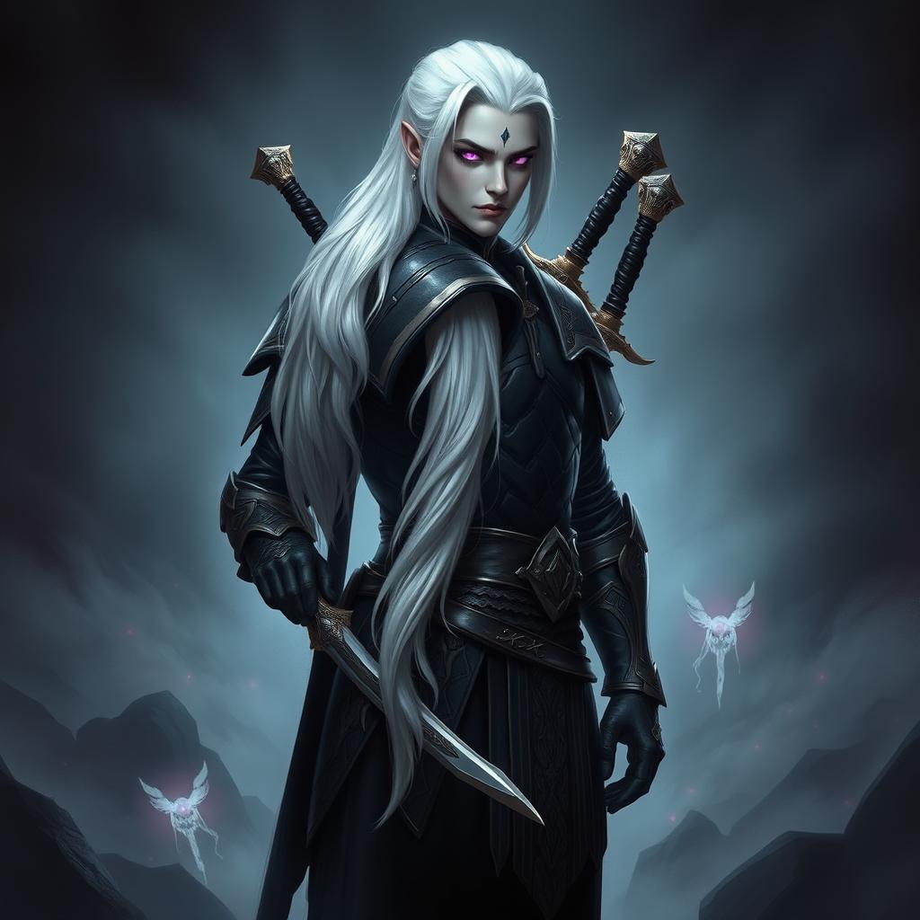 A male Shadar-Kai Hexblade Warlock, exuding a strong and masculine presence with striking white hair that elegantly cascades down his back