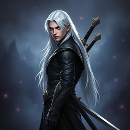 A male Shadar-Kai Hexblade Warlock, exuding a strong and masculine presence with striking white hair that elegantly cascades down his back
