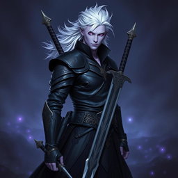 A male Shadar-Kai Hexblade Warlock, radiating a strong and masculine presence with striking white hair that flows elegantly