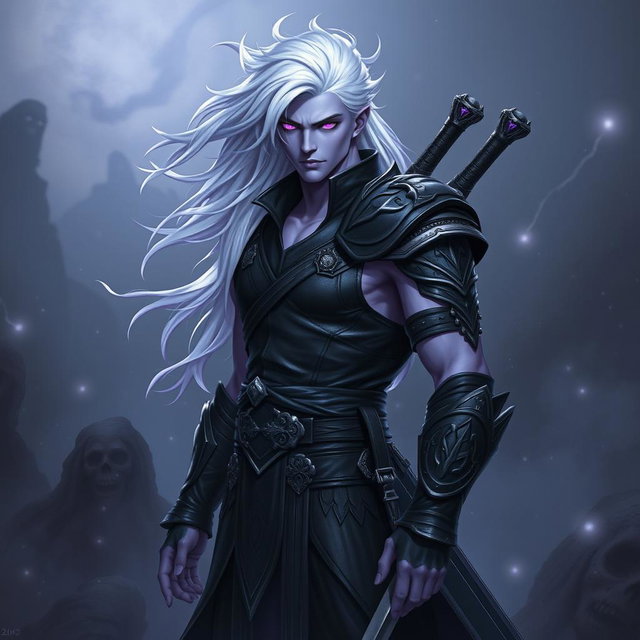 A male Shadar-Kai Hexblade Warlock, radiating a strong and masculine presence with striking white hair that flows elegantly