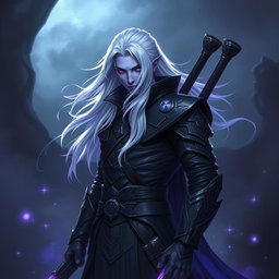 A male Shadar-Kai Hexblade Warlock, radiating a strong and masculine presence with striking white hair that flows elegantly