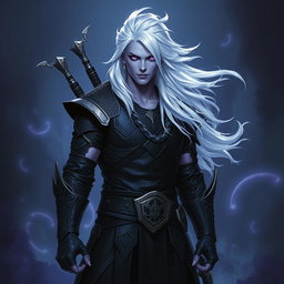 A male Shadar-Kai Hexblade Warlock, radiating a strong and masculine presence with striking white hair that flows elegantly