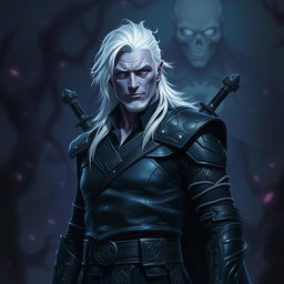 A middle-aged male Shadar-Kai Hexblade Warlock, radiating a strong and masculine presence with striking white hair that contrasts against his light purple skin