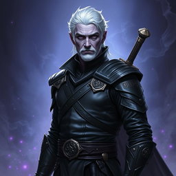 A middle-aged male Shadar-Kai Hexblade Warlock, radiating a strong and masculine presence with striking white hair that contrasts against his light purple skin
