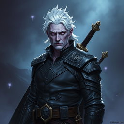 A middle-aged male Shadar-Kai Hexblade Warlock, radiating a strong and masculine presence with striking white hair that contrasts against his light purple skin