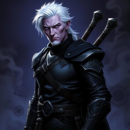 A middle-aged male Shadar-Kai Hexblade Warlock, radiating a strong and masculine presence with striking white hair that contrasts against his light purple skin