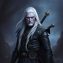 A middle-aged male Shadar-Kai Hexblade Warlock, showcasing a strong and masculine presence with long, flowing white hair that adds to his ethereal appearance