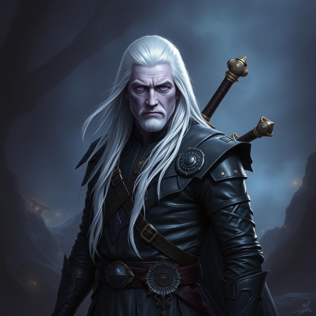 A middle-aged male Shadar-Kai Hexblade Warlock, showcasing a strong and masculine presence with long, flowing white hair that adds to his ethereal appearance