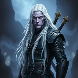 A middle-aged male Shadar-Kai Hexblade Warlock, showcasing a strong and masculine presence with long, flowing white hair that adds to his ethereal appearance