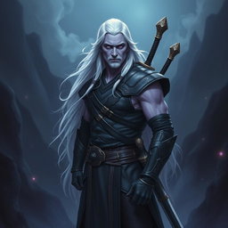 A middle-aged male Shadar-Kai Hexblade Warlock, showcasing a strong and masculine presence with long, flowing white hair that adds to his ethereal appearance