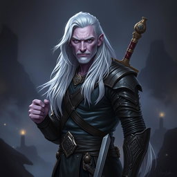 A middle-aged male Shadar-Kai Hexblade Warlock, showcasing a strong and masculine presence with long, flowing white hair that adds to his ethereal appearance