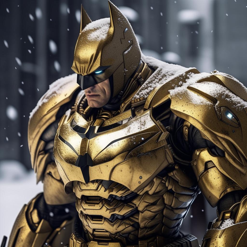 A cinematic and dramatically lit photograph of a handsome, gold-plated Batman in a detailed mecha suit standing imposingly in serene, falling snow.