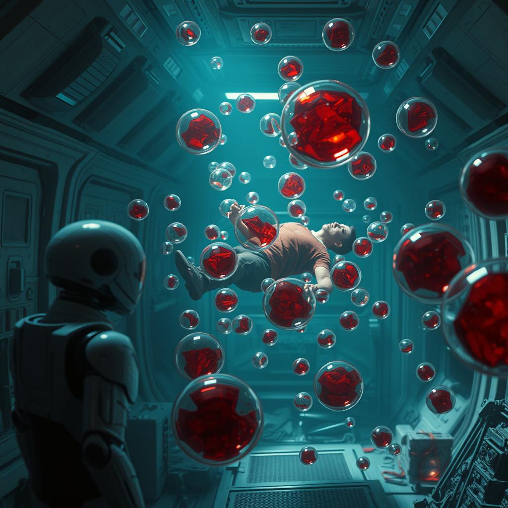 A hyper-realistic depiction of blood bubbles floating in zero gravity inside a spaceship room, where a deceased man floats lifelessly among the blood bubbles