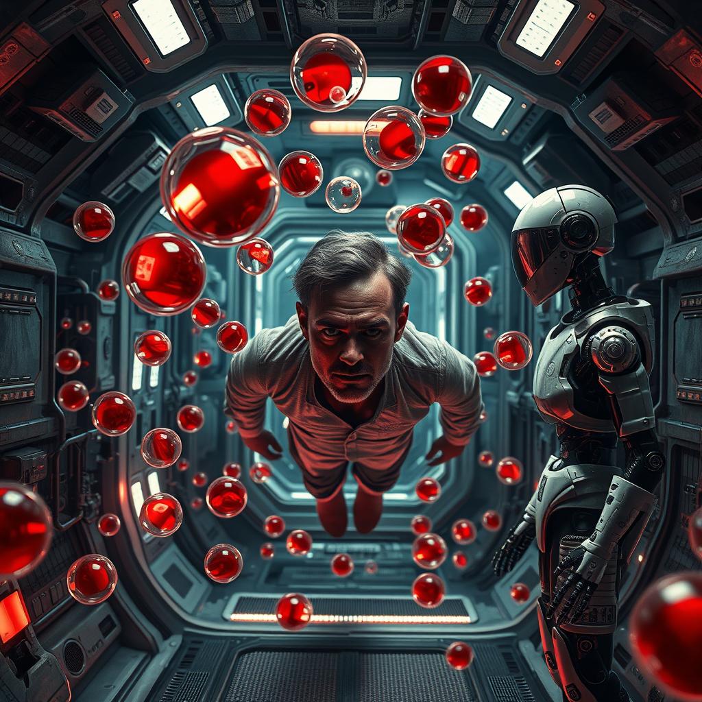 A hyper-realistic scene featuring realistic blood bubbles floating in zero gravity within the interior of a spaceship room