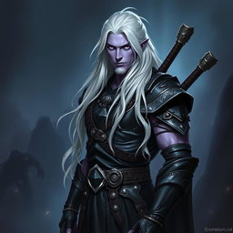 A 35-year-old male Shadar-Kai Hexblade Warlock, exhibiting a strong and masculine presence with long, flowing white hair that adds to his mystical charm