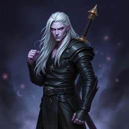 A 35-year-old male Shadar-Kai Hexblade Warlock, exhibiting a strong and masculine presence with long, flowing white hair that adds to his mystical charm