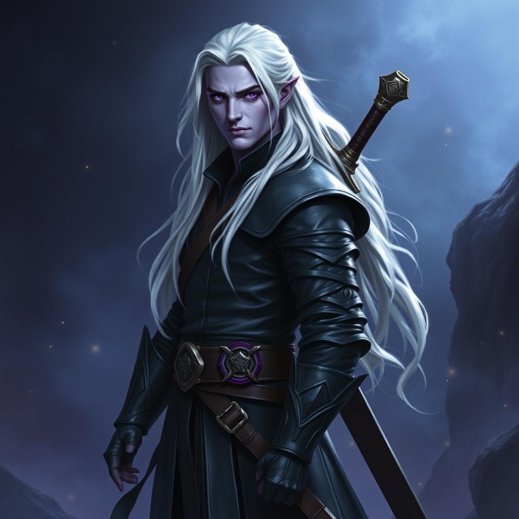 A 35-year-old male Shadar-Kai Hexblade Warlock, exhibiting a strong and masculine presence with long, flowing white hair that adds to his mystical charm