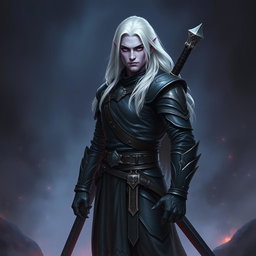 A 35-year-old male Shadar-Kai Hexblade Warlock, exhibiting a strong and masculine presence with long, flowing white hair that adds to his mystical charm