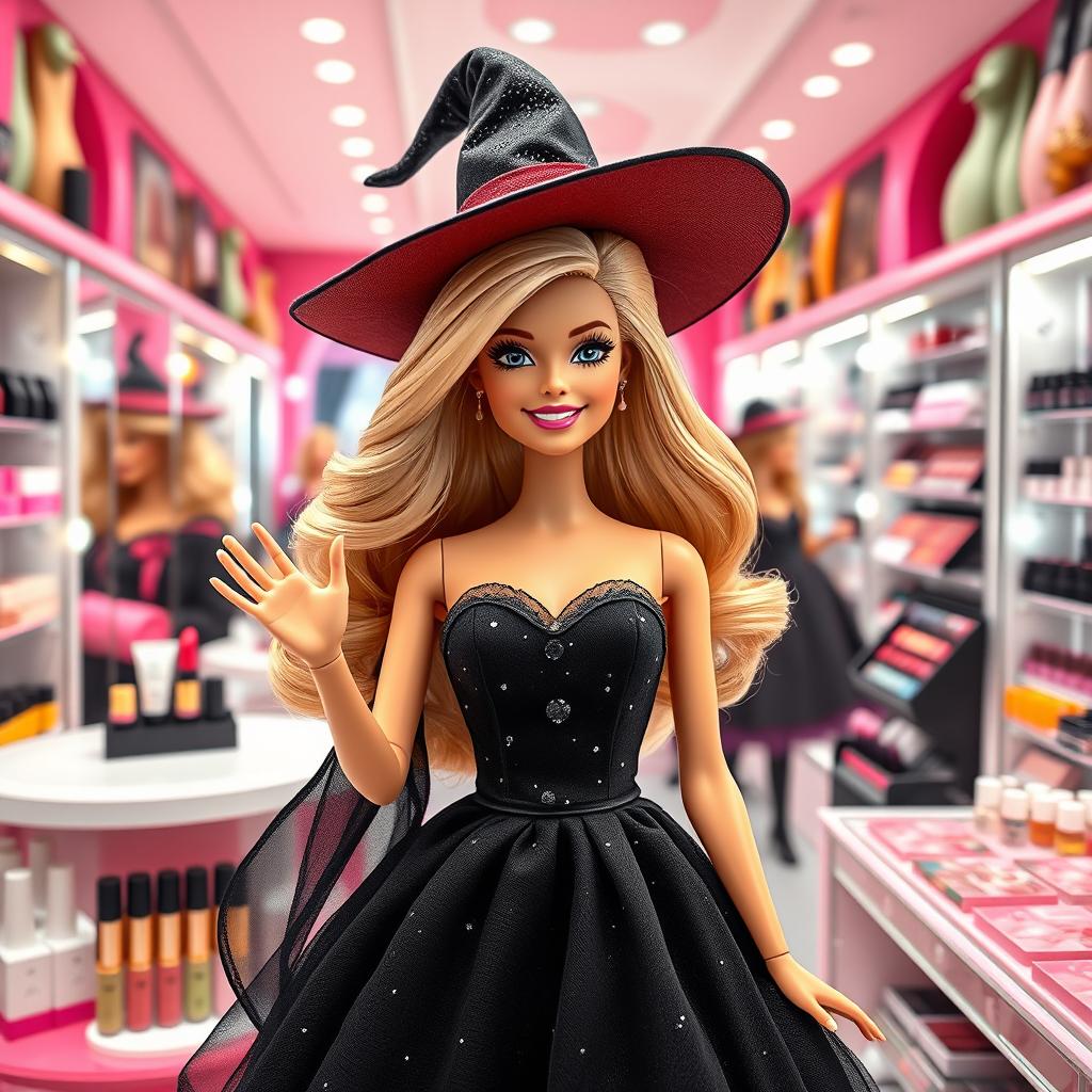 A fashionable Barbie dressed as a witch in a vibrant cosmetics store